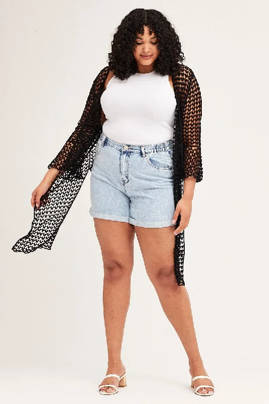 Black Ruffle Sleeve Open Front Crochet Cardigan