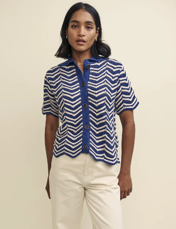 Blue Wavy Stripe Short Sleeve Cardigan